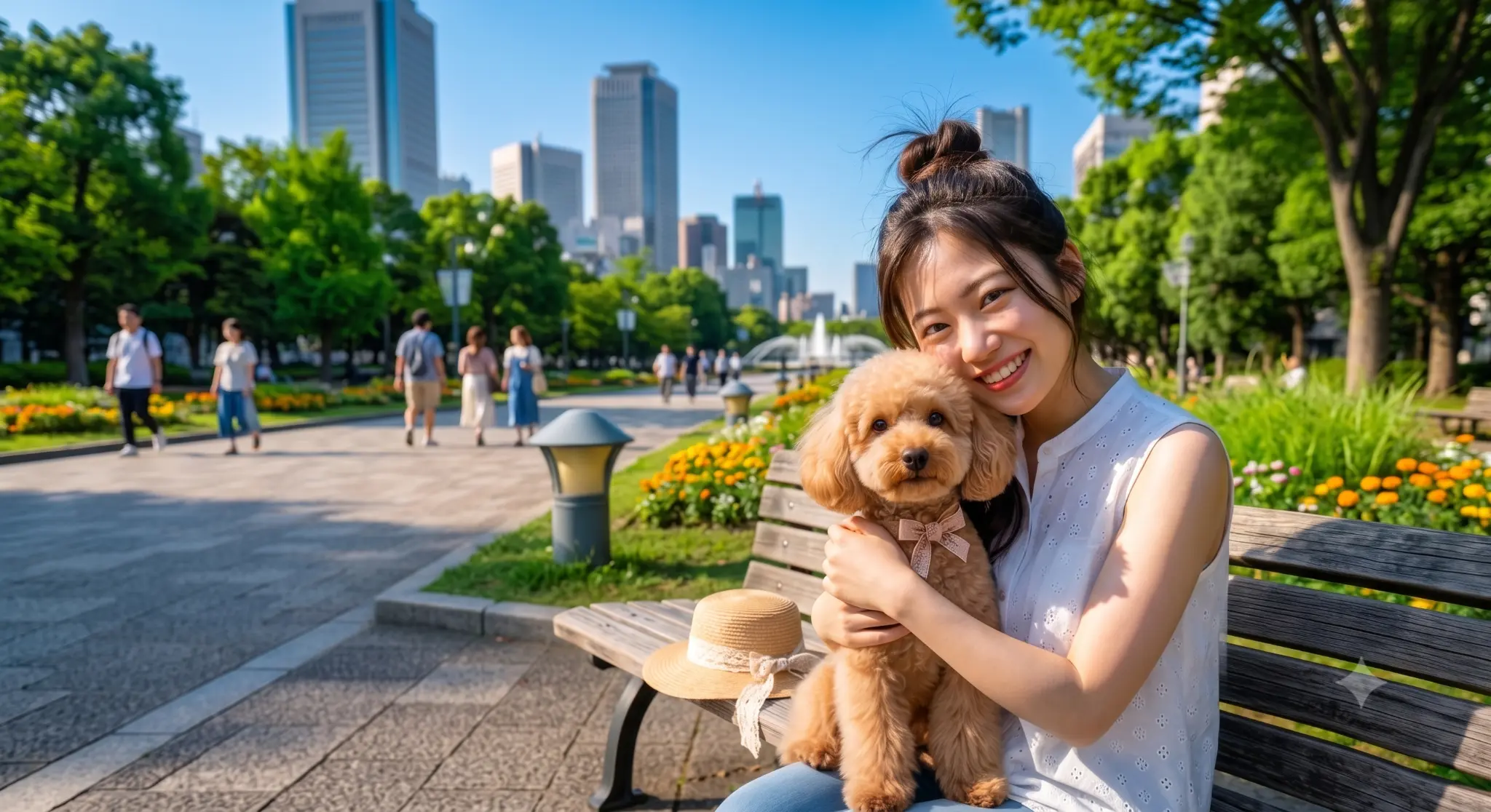 A woman enjoying time with her toy poodle in a park